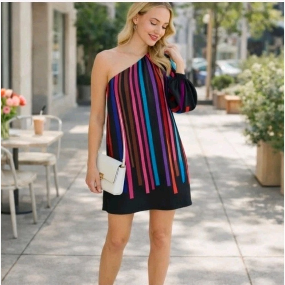 Trina Turk Multicolor Striped One Shoulder Pina Colada Cocktail‎ Mini Dress Sz S